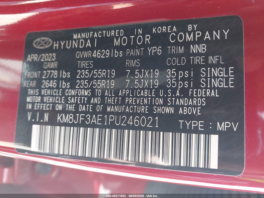 2023 Hyundai Tucson VIN KM8JF3AE1PU246021 IAAI salvage auction — ROLLOVER, Salvage Title, sold $3,150 on 2026-07-19 (photo 9)