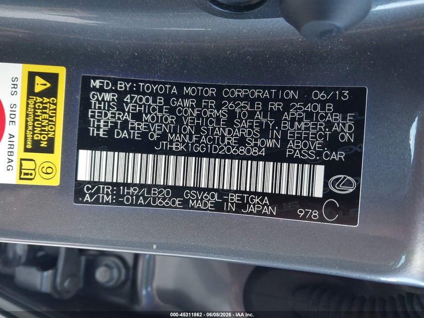 2013 Lexus ES VIN JTHBK1GG1D2068084 IAAI salvage auction — FRONT & REAR, Salvage Title, sold $4,325 on 2026-07-28 (photo 9)