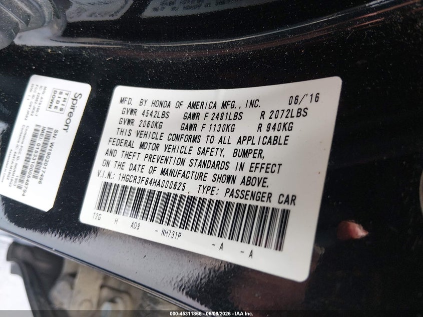 2017 Honda Accord VIN 1HGCR3F84HA000625 IAAI salvage auction — SIDE, Salvage Title, sold $3,500 on 2026-07-22 (photo 9)