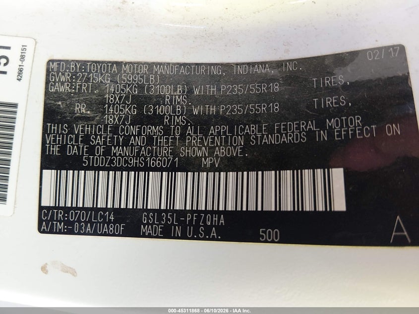 2017 Toyota Sienna VIN 5TDDZ3DC9HS166071 IAAI salvage auction — FRONT END, Salvage (New Mexico), sold $3,000 on 2026-07-29 (photo 9)