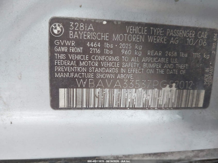 2007 BMW 3er VIN WBAVA33537PG52012 IAAI salvage auction — FRONT END, Original (Texas), sold $175 on 2026-07-24 (photo 9)