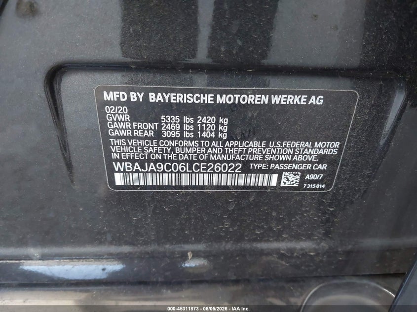 2020 BMW 5er VIN WBAJA9C06LCE26022 IAAI salvage auction — FRONT END, Salvage Title, sold $4,050 on 2026-07-29 (photo 9)