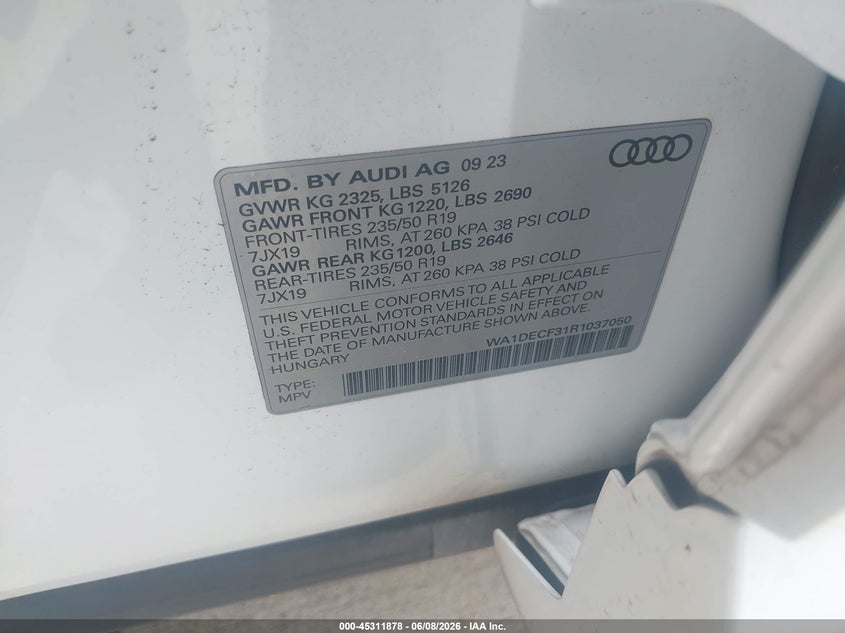 2024 Audi Q3 VIN WA1DECF31R1037050 IAAI salvage auction — REAR END, Salvage Title, sold $15,000 on 2026-07-24 (photo 9)