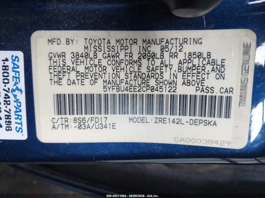 2012 Toyota Corolla VIN 5YFBU4EE2CP045122 IAAI salvage auction — FRONT & REAR, Salvage Title, sold $2,300 on 2026-07-16 (photo 9)
