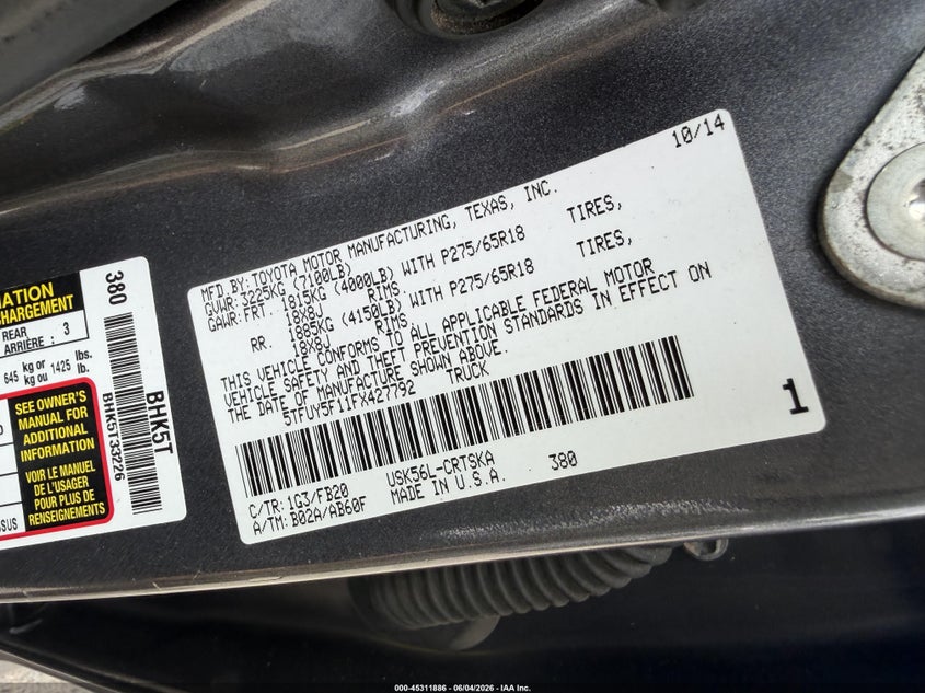 2015 Toyota Tundra VIN 5TFUY5F11FX427792 IAAI salvage auction — LEFT REAR, Clear (Connecticut), sold $6,350 on 2026-07-08 (photo 8)