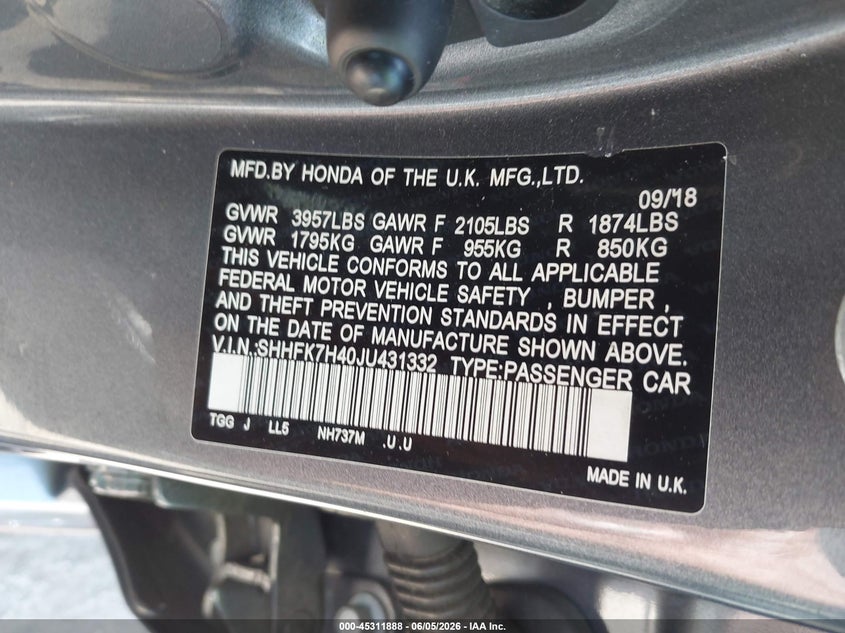 2018 Honda Civic VIN SHHFK7H40JU431332 IAAI salvage auction — LEFT SIDE, Salvage Title, sold $4,050 on 2026-07-14 (photo 9)