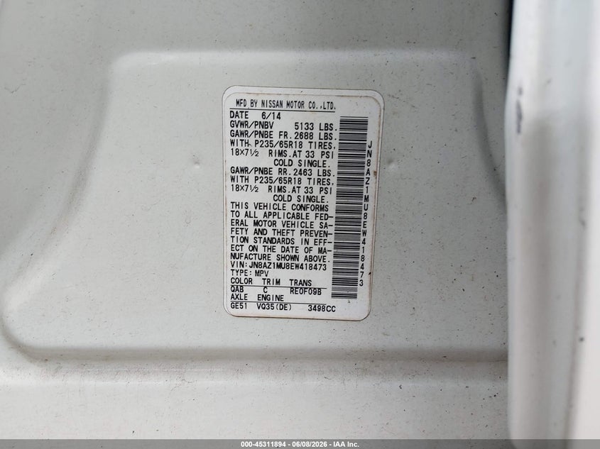 2014 Nissan Murano VIN JN8AZ1MU8EW418473 IAAI salvage auction — ROOF, Salvage Title, sold $650 on 2026-07-22 (photo 9)