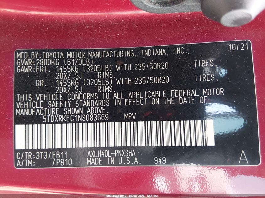 2022 Toyota Sienna VIN 5TDXRKEC1NS083669 IAAI salvage auction — FRONT END, Wait Title, sold $13,800 on 2026-08-23 (photo 9)