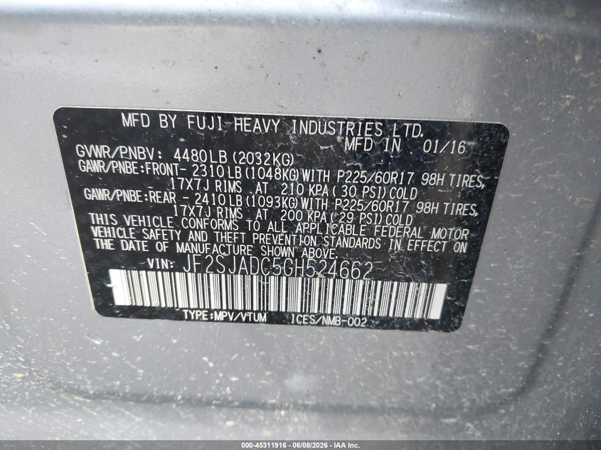 2016 Subaru Forester VIN JF2SJADC5GH524662 IAAI salvage auction — LEFT FRONT, Salvage (North Carolina), sold $1,025 on 2026-07-30 (photo 9)