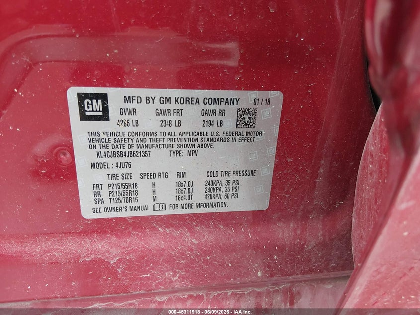 2018 Buick Encore VIN KL4CJBSB4JB621357 IAAI salvage auction — LEFT SIDE, Salvage Title, sold $2,100 on 2026-07-07 (photo 9)