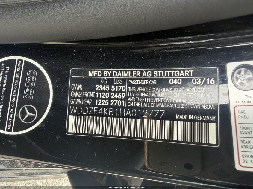 2017 Mercedes-benz E-class VIN WDDZF4KB1HA012777 IAAI salvage auction — FRONT END, Clear (Arkansas), sold $3,425 on 2026-07-08 (photo 9)