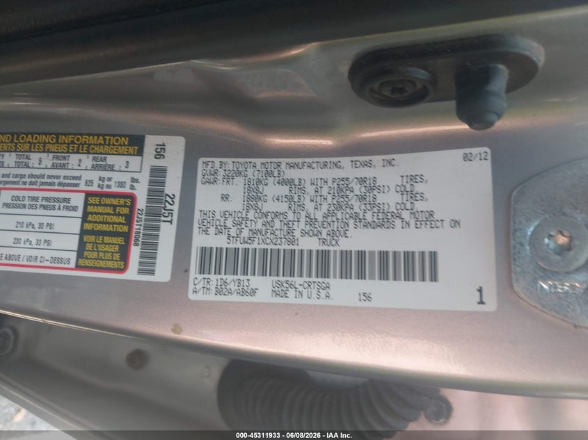 2012 Toyota Tundra VIN 5TFUW5F1XCX237801 IAAI salvage auction — FRONT END, Salvage Title, sold $2,750 on 2026-07-21 (photo 9)