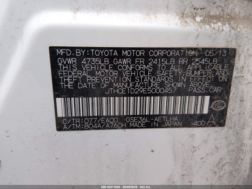 2014 Lexus Is VIN JTHCE1D29E5000457 IAAI salvage auction — HAIL, Salvage Title, sold $625 on 2026-07-24 (photo 9)