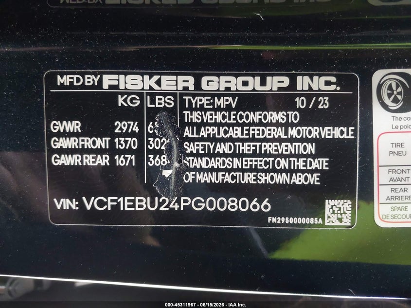 2023 Fisker Inc. Ocean VIN VCF1EBU24PG008066 IAAI salvage auction — RIGHT SIDE, Salvage Title, sold $8,175 on 2026-08-26 (photo 9)