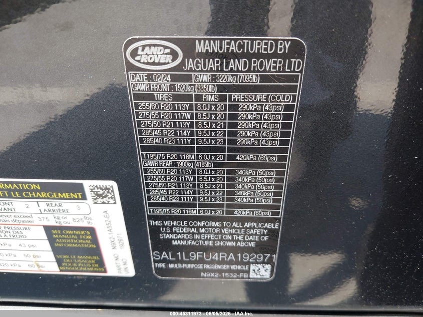2024 Land Rover Range Rover Sport VIN SAL1L9FU4RA192971 IAAI salvage auction — Front End, Salvage, sold $45,800 on 2026-07-08 (photo 9)