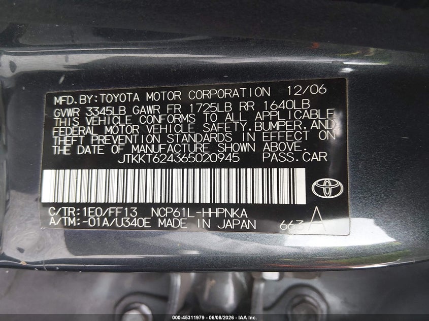 2006 Scion Xa VIN JTKKT624365020945 IAAI salvage auction — LEFT FRONT, Bill Of Sale (Washington), sold $400 on 2026-07-08 (photo 9)