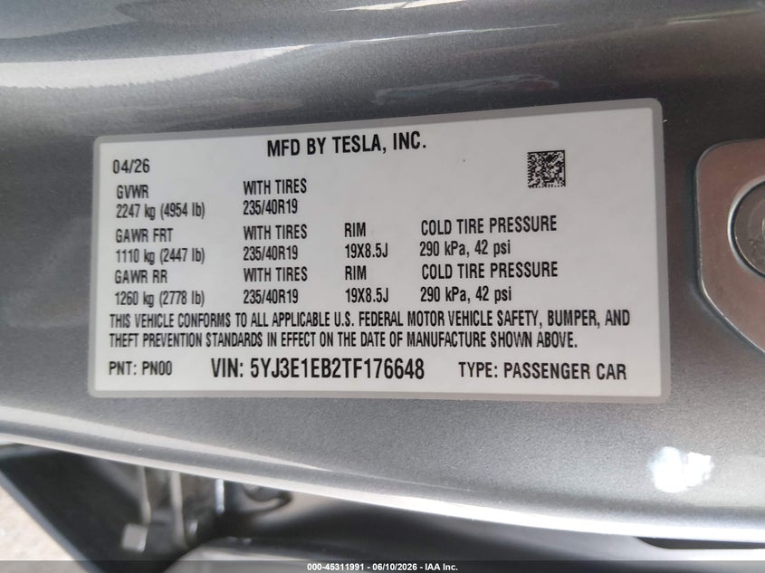 2026 Tesla Model 3 VIN 5YJ3E1EB2TF176648 IAAI salvage auction — ALL OVER, Salvage Title, sold $25 on 2026-07-29 (photo 9)