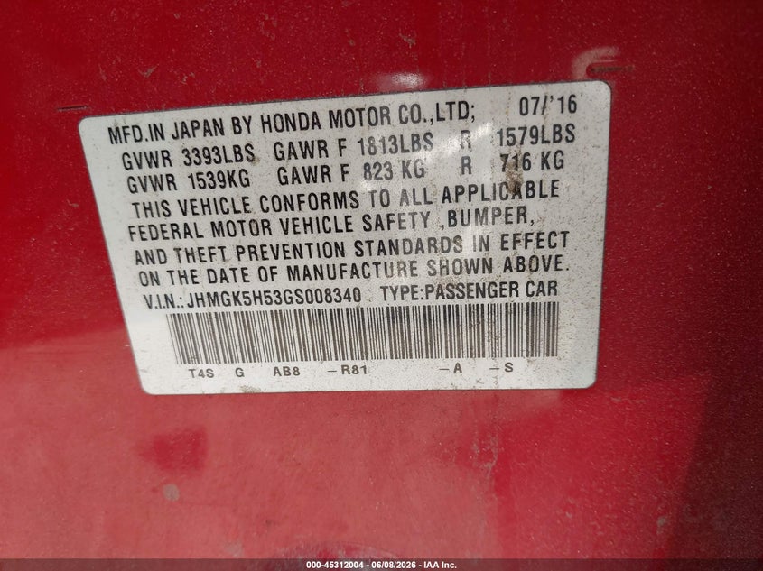2016 Honda Fit VIN JHMGK5H53GS008340 IAAI salvage auction — FRONT END, Salvage Title, sold $1,275 on 2026-07-14 (photo 9)