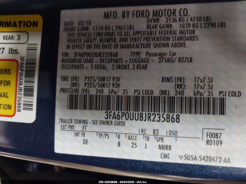 2018 Ford Fusion VIN 3FA6P0UU8JR235868 IAAI salvage auction — NORMAL WEAR, SF97 (Maine), sold $10,700 on 2026-07-23 (photo 9)