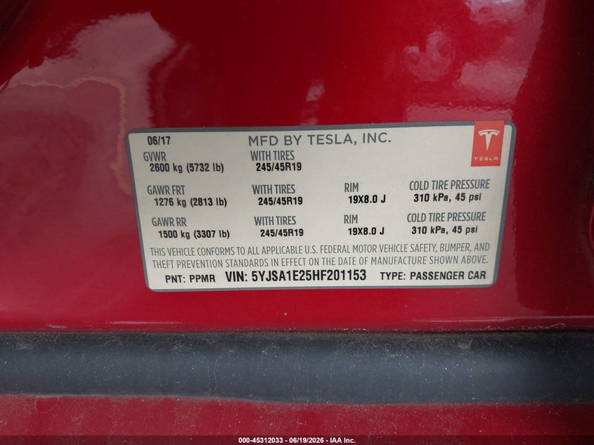 2017 Tesla Model s VIN 5YJSA1E25HF201153 IAAI salvage auction — FRONT END, Salvage Title, sold $4,950 on 2026-07-30 (photo 9)