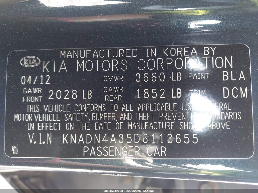 2013 Kia Rio VIN KNADN4A35D6113655 IAAI salvage auction — FRONT END, Salvage Title, sold $300 on 2026-07-15 (photo 9)