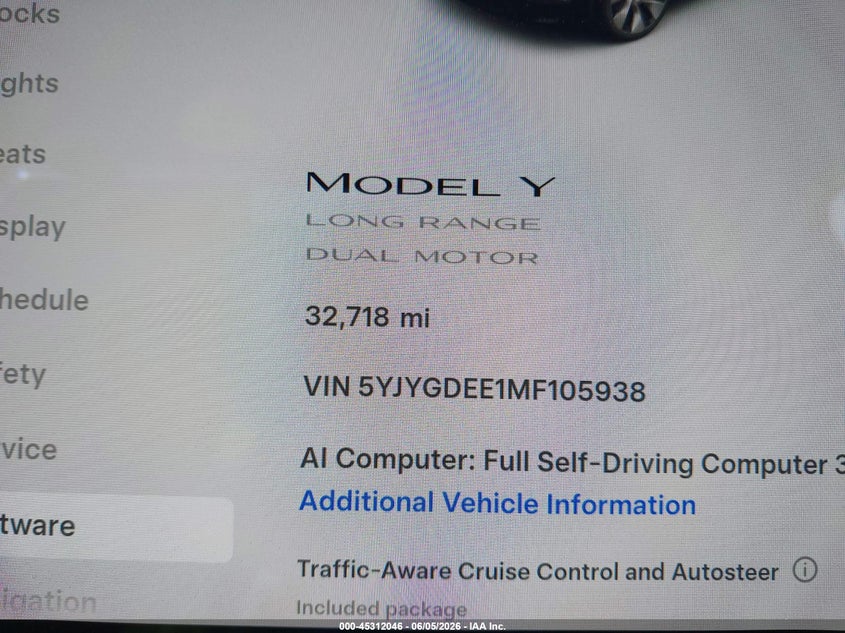 2021 Tesla Model y VIN 5YJYGDEE1MF105938 IAAI salvage auction — LEFT SIDE, Salvage Title, sold $7,850 on 2026-07-08 (photo 7)