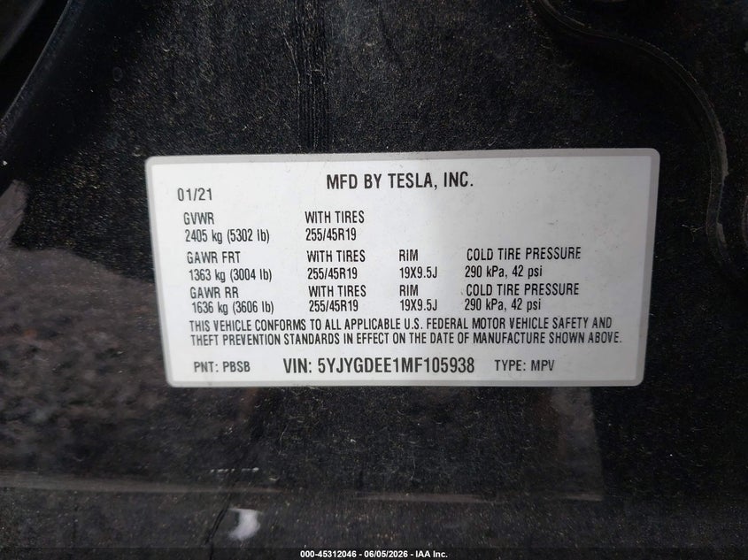 2021 Tesla Model y VIN 5YJYGDEE1MF105938 IAAI salvage auction — LEFT SIDE, Salvage Title, sold $7,850 on 2026-07-08 (photo 9)