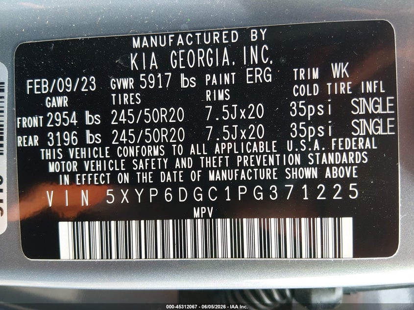 2023 Kia Telluride VIN 5XYP6DGC1PG371225 IAAI salvage auction — REAR END, Salvage Title, sold $10,200 on 2026-07-09 (photo 9)