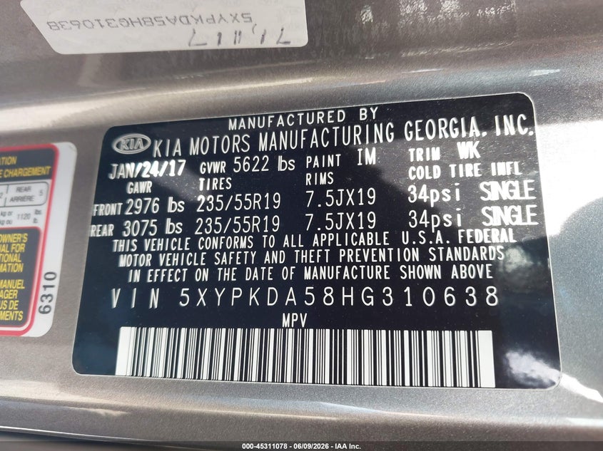 2017 Kia Sorento VIN 5XYPKDA58HG310638 IAAI salvage auction — FRONT END, Salvage Title, sold $1,200 on 2026-07-12 (photo 9)