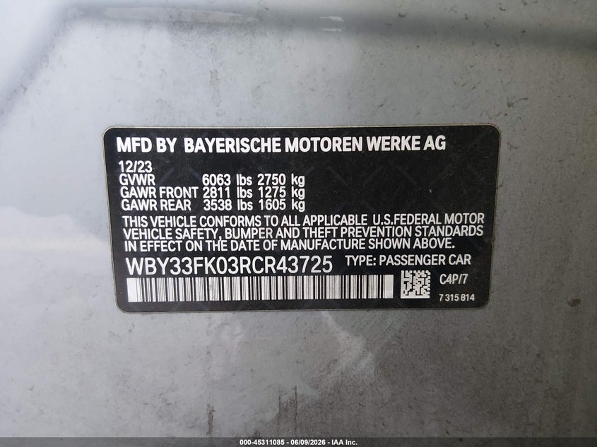 2024 BMW I5 VIN WBY33FK03RCR43725 IAAI salvage auction — LEFT FRONT, Salvage Title, sold $17,300 on 2026-07-29 (photo 9)