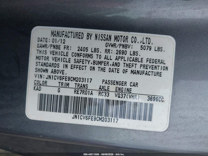 2012 Infiniti G VIN JN1CV6FE9CM203117 IAAI salvage auction — RIGHT FRONT, Salvage Title, sold $1,250 on 2026-07-15 (photo 9)