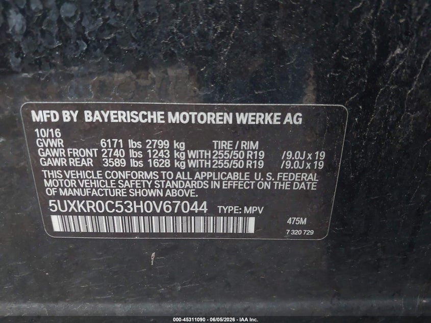 2017 BMW X5 VIN 5UXKR0C53H0V67044 IAAI salvage auction — FRONT END, Salvage Title, sold $3,000 on 2026-07-09 (photo 9)