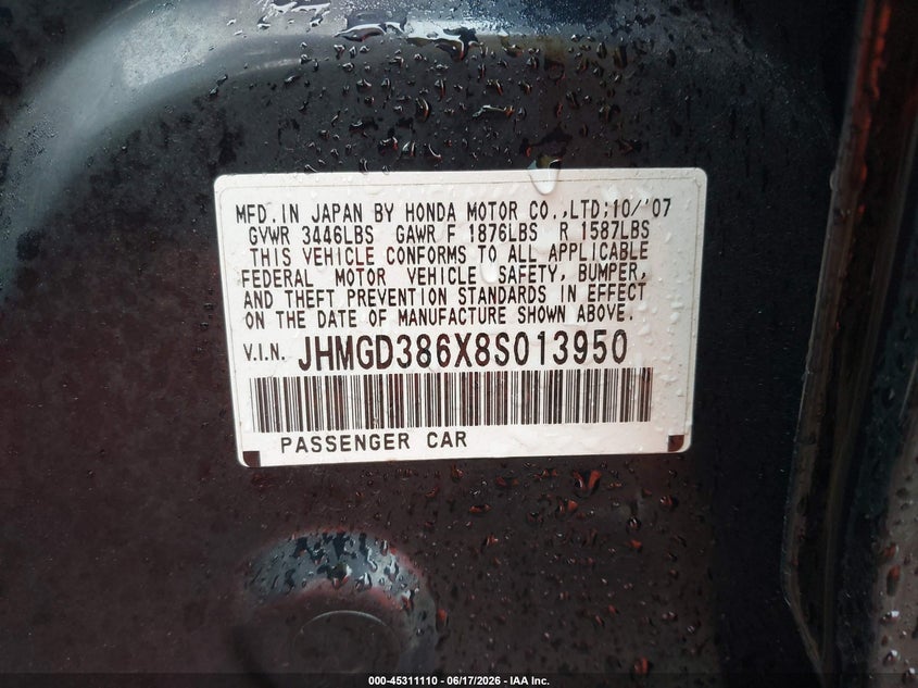 2008 Honda Fit VIN JHMGD386X8S013950 IAAI salvage auction — RIGHT SIDE, Salvage (Illinois), sold $375 on 2026-07-22 (photo 9)