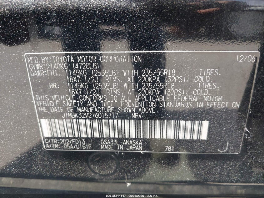 2007 Toyota Rav 4 VIN JTMBK32V276015717 IAAI salvage auction — NORMAL WEAR, Clear-Dealer Only (Maryland), sold $550 on 2026-07-09 (photo 9)