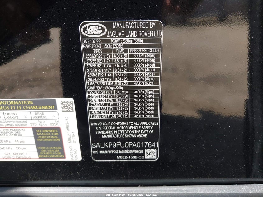 2023 Land rover RANGE ROVER VIN SALKP9FU0PA017641 IAAI salvage auction — LEFT FRONT, Salvage Title, sold $63,250 on 2026-07-13 (photo 9)