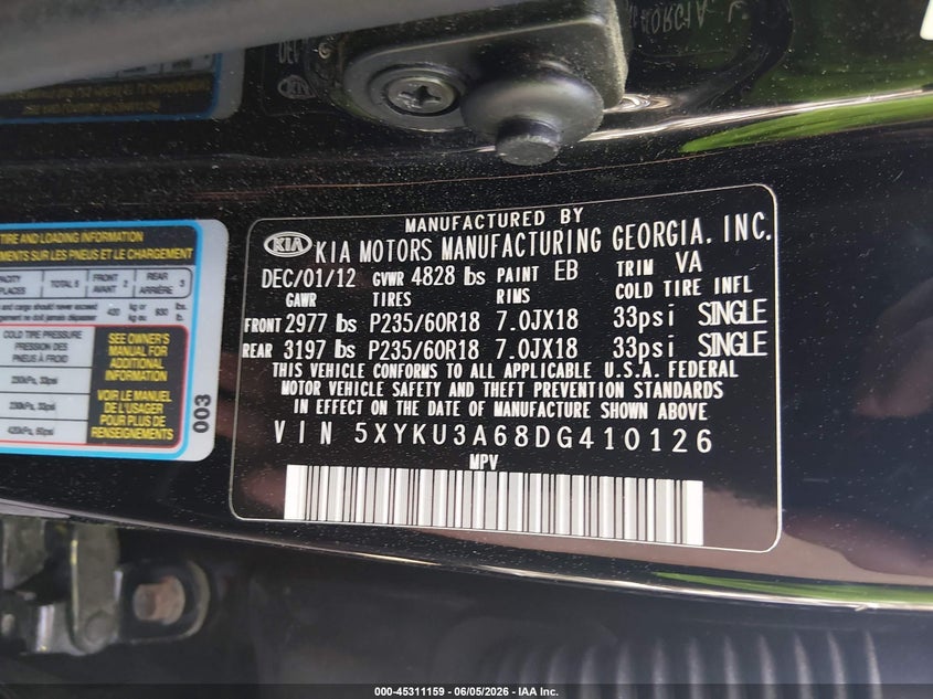 2013 Kia Sorento VIN 5XYKU3A68DG410126 IAAI salvage auction — LEFT & RIGHT, Salvage Title, sold $1,225 on 2026-07-14 (photo 9)