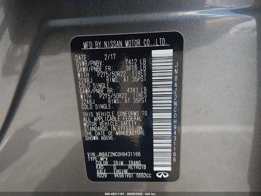 2017 Infiniti Qx80 VIN JN8AZ2NC0H9431166 IAAI salvage auction — REAR END, Salvage Title, sold $3,650 on 2026-07-10 (photo 9)