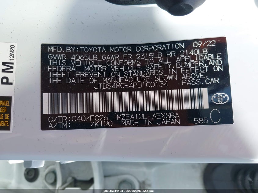 2023 Toyota Corolla VIN JTDS4MCE4PJ100134 IAAI salvage auction — WATER/FLOOD, Salvage (Missouri), sold $9,000 on 2026-07-26 (photo 9)