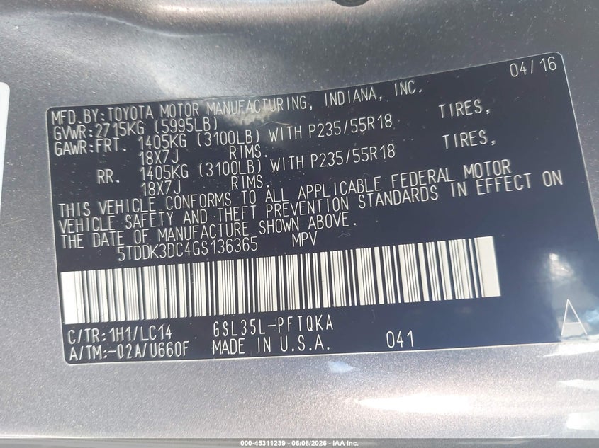 2016 Toyota Sienna VIN 5TDDK3DC4GS136365 IAAI salvage auction — FRONT END, Salvage Title, sold $1,050 on 2026-07-10 (photo 9)