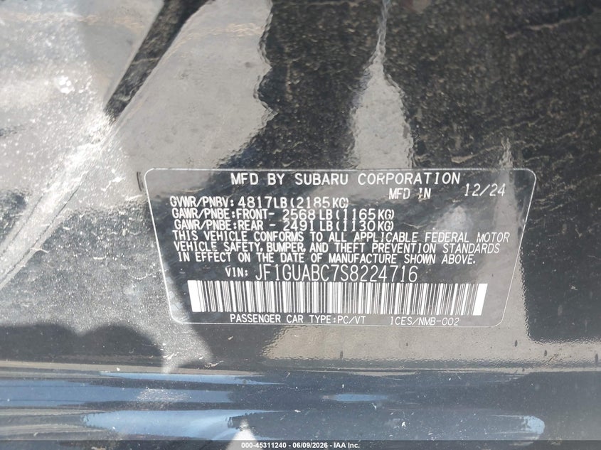 2025 Subaru Impreza VIN JF1GUABC7S8224716 IAAI salvage auction — UNDERCARRIAGE, Salvage Title, sold $6,500 on 2026-07-12 (photo 9)