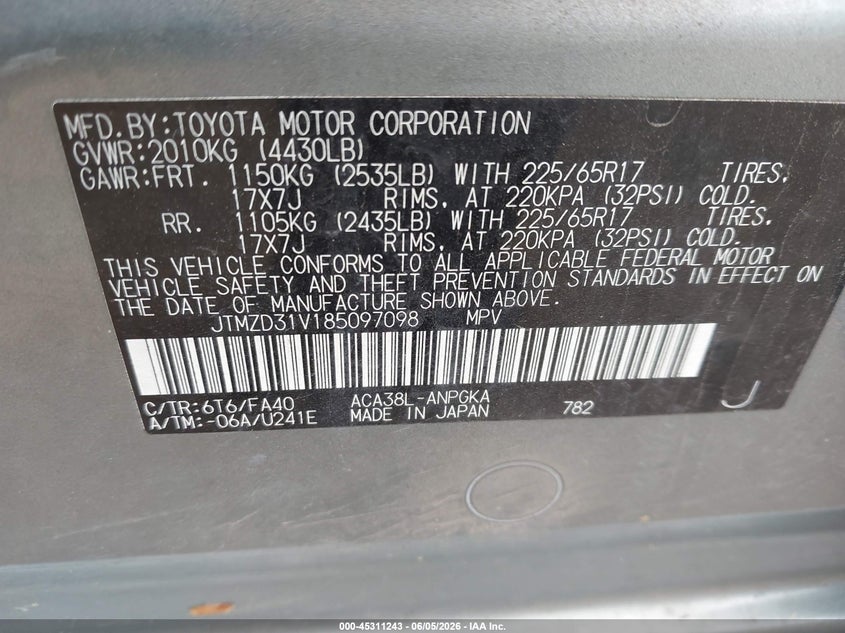 2008 Toyota Rav4 VIN JTMZD31V185097098 IAAI salvage auction — NORMAL WEAR, Clear (Montana), sold $375 on 2026-07-15 (photo 9)