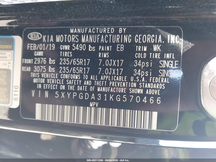 2019 Kia Sorento VIN 5XYPGDA31KG570466 IAAI salvage auction — THEFT, Salvage Title, sold $4,450 on 2026-07-14 (photo 9)