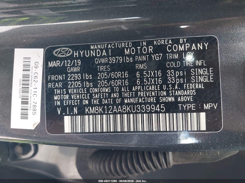 2019 Hyundai Kona VIN KM8K12AA8KU339945 IAAI salvage auction — LEFT SIDE, Salvage Title, sold $2,575 on 2026-07-14 (photo 9)
