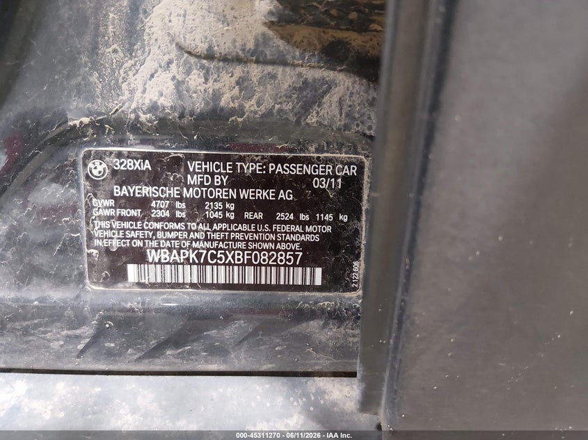 2011 BMW 3 series VIN WBAPK7C5XBF082857 IAAI salvage auction — HAIL, Clear (North Dakota), sold $825 on 2026-07-23 (photo 9)