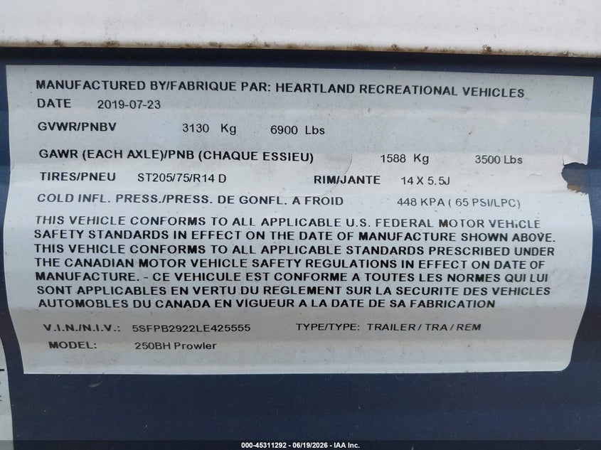 2020 Heartland rv Other VIN 5SFPB2922LE425555 IAAI salvage auction — Unknown, Salvage (Texas), sold $3,200 on 2026-07-07 (photo 9)
