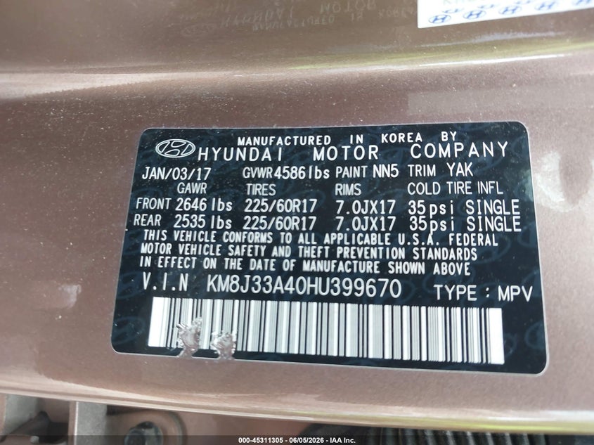 2017 Hyundai Tucson VIN KM8J33A40HU399670 IAAI salvage auction — RIGHT FRONT, Salvage Title, sold $2,800 on 2026-07-07 (photo 9)
