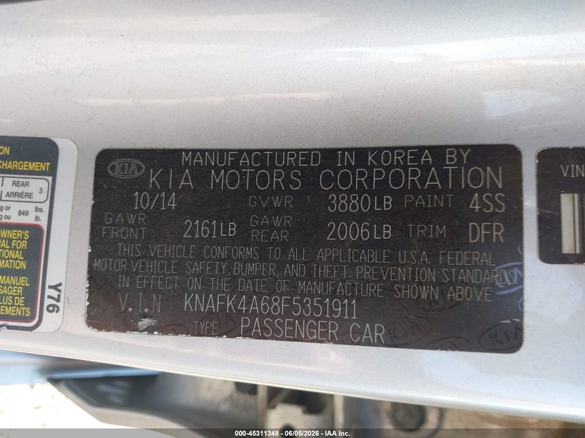 2015 Kia Forte VIN KNAFK4A68F5351911 IAAI salvage auction — LEFT REAR, Salvage Title, sold $700 on 2026-07-22 (photo 9)