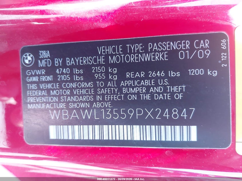 2009 BMW 3 series VIN WBAWL13559PX24847 IAAI salvage auction — FRONT END, Salvage (Arizona), sold $275 on 2026-07-28 (photo 9)