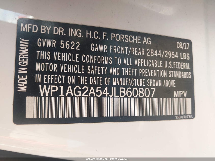 2018 Porsche Macan VIN WP1AG2A54JLB60807 IAAI salvage auction — FRONT END, Salvage (Massachusetts), sold $1,250 on 2026-07-10 (photo 9)
