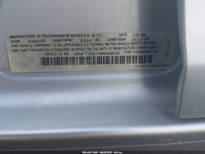 2006 Volkswagen Jetta VIN 3VWFT71K76M848826 IAAI salvage auction — NORMAL WEAR, Regular (Nevada), sold $150 on 2026-07-24 (photo 9)